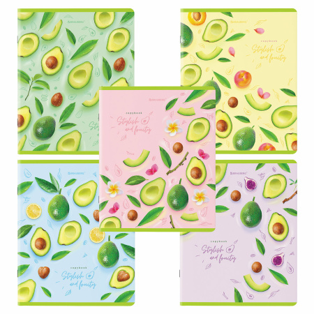 Тетради КОМПЛЕКТ 5 шт., А5, 96 л., BRAUBERG скоба, клетка, глянцевый лак, "Авокадо", 404401 - Тетради более 60 листов