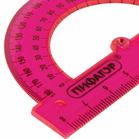 Транспортир 8 см, 180 градусов, ПИФАГОР, прозрачный, неоновый, ассорти, 210792 - Транспортиры