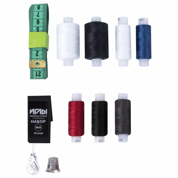 Набор ниток "Помощница", 7 шт., 35 ЛЛ/100 ЛЛ, 200 м, иглы, сантиметр, наперсток, ОСТРОВ СОКРОВИЩ, 662791 - Нитки швейные