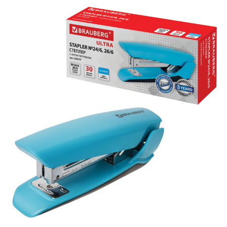Степлер №24/6, 26/6 BRAUBERG "ULTRA", до 30 листов, с антистеплером, голубой, 228757 - Степлеры настольные
