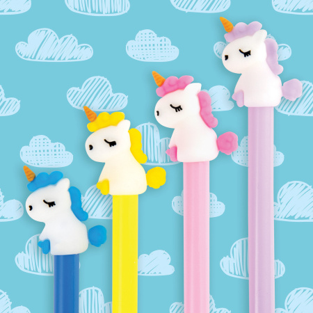 Ручка с топпером шариковая ЮНЛАНДИЯ "Единорог", корпус ассорти, СИНЯЯ, пишущий узел 0,7 мм, 143805 - Ручки фигурные