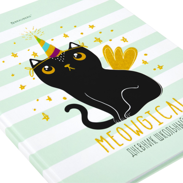 Дневник 1-11 класс 48 л., твердый, BRAUBERG, блестки, с подсказом, "Котик", 106606 - Дневники для младших классов