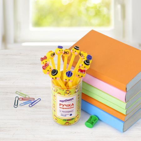 Ручка с топпером шариковая ЮНЛАНДИЯ "Цыпленок", корпус ассорти, СИНЯЯ, пишущий узел 0,7 мм, 143808 - Ручки фигурные