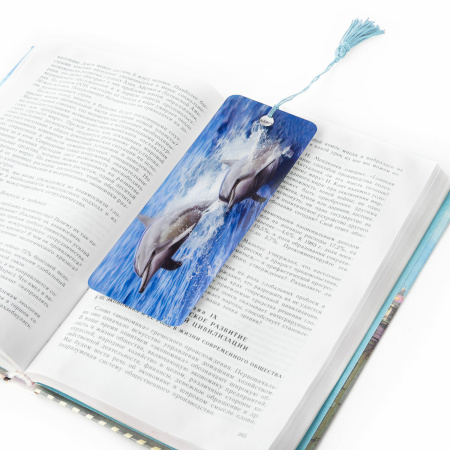 Закладка для книг с линейкой, 3D-объемная, BRAUBERG "Дельфины", с декоративным шнурком, 128094 - Закладки для книг