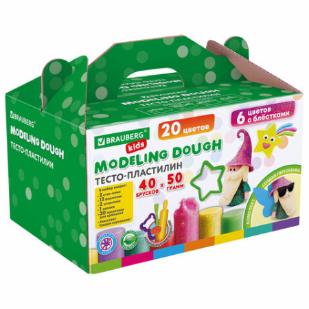 Пластилин-тесто для лепки BRAUBERG KIDS, 40 шт., 2000 г, 12 формочек, 2 стека, 2 штампика, 1 скалка, 20 пакетиков для хранения, 106724 - Пластилин