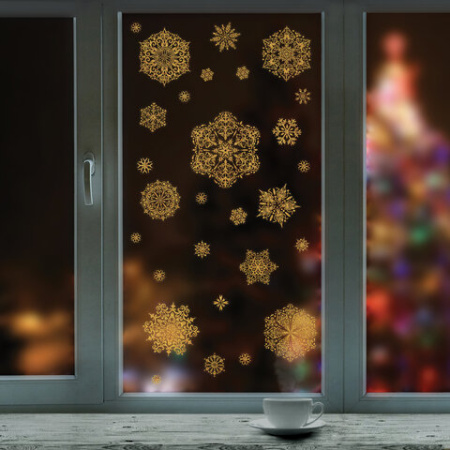 Наклейка для окон двусторонняя МНОГОРАЗОВАЯ 30*38 см "Снежинки" глиттер, золото ЗОЛОТАЯ СКАЗКА, 591190 - Новогодний декор