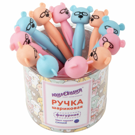 Ручка фигурная шариковая ЮНЛАНДИЯ "Мишка", мягкий силиконовый корпус, ассорти, СИНЯЯ, пишущий узел 0,7 мм, 143780 - Ручки фигурные
