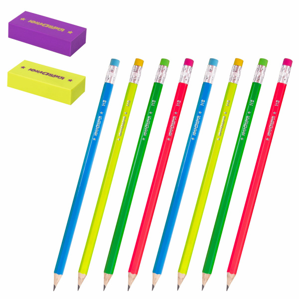 Набор ЮНЛАНДИЯ "Неончики", 8 карандашей чернографитных HB + 2 ластика, блистер, 181783 - Наборы письменных принадлежностей