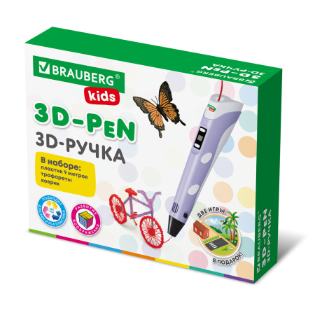 Ручка 3D с трафаретами PLA - пластиком и термоковриком BRAUBERG KIDS, 665188 - 3D-ручки