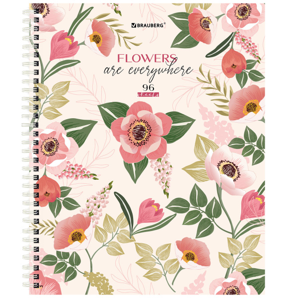 Тетрадь А5 96 л. BRAUBERG, гребень, клетка, твёрдая обложка, "Flowers" (4 вида в спайке), 404444 - Тетради более 60 листов