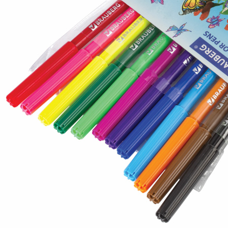 Фломастеры BRAUBERG "Wonderful butterfly", 12 цветов, вентилируемый колпачок, пласт. упаковка, увеличенный срок службы, 150522 - Фломастеры классические