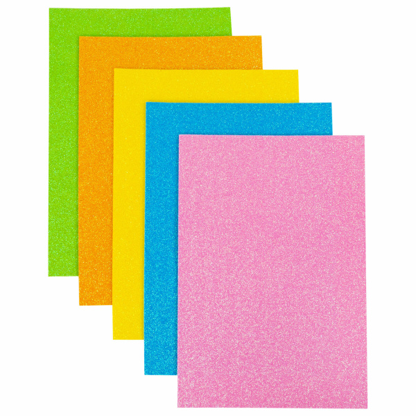 Пористая резина/фоамиран А4, 2 мм, ОСТРОВ СОКРОВИЩ, 5 листов, 5 цветов, иридисцентные цвета, блестки, 660077 - Цветная пористая резина и пластик