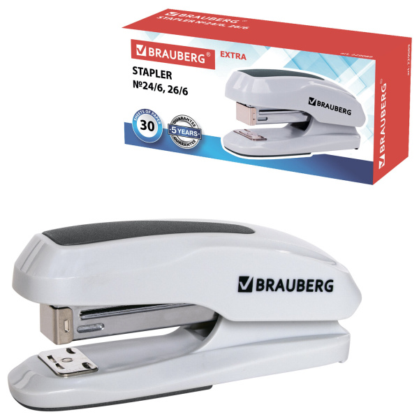 Степлер №24/6, 26/6 BRAUBERG "Extra", до 30 листов, серый, 229089 - Степлеры настольные