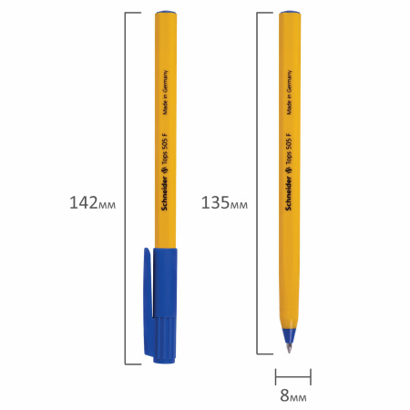 Ручка шариковая SCHNEIDER (Германия) "Tops 505 F", СИНЯЯ, корпус желтый, узел 0,8 мм, линия письма 0,4 мм, 150503 - Ручки шариковые неавтоматические