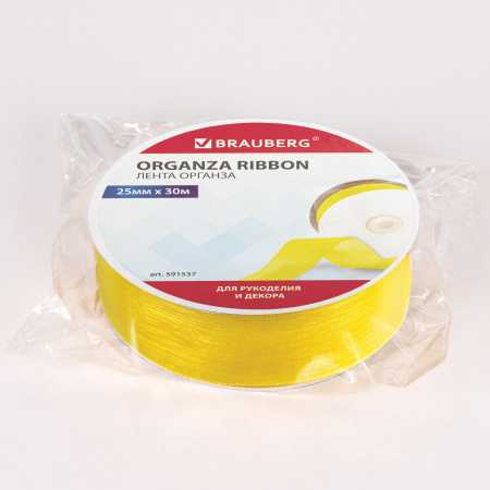 Лента органза ширина 25 мм, длина 30 м, желтая, BRAUBERG, 591537 - Ленты для декора, рукоделия и упаковки подарков
