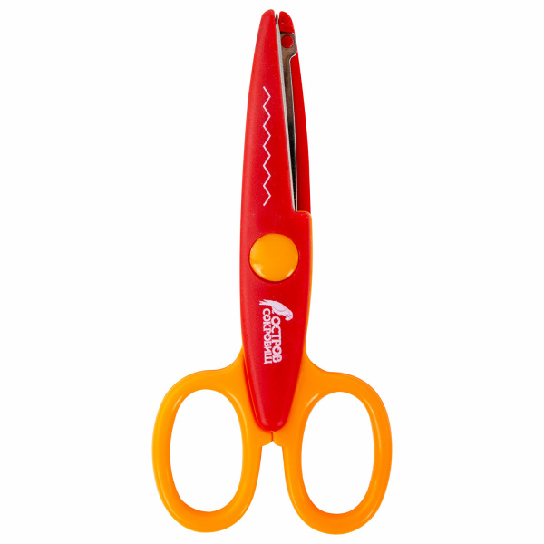 Ножницы ОСТРОВ СОКРОВИЩ, 135 мм, фигурное лезвие "зубцы", красно-оранжевые, в упаковке с подвесом, 236779 - Ножницы детские