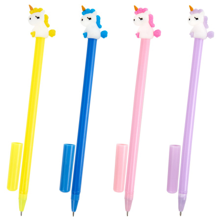 Ручка с топпером шариковая ЮНЛАНДИЯ "Единорог", корпус ассорти, СИНЯЯ, пишущий узел 0,7 мм, 143805 - Ручки фигурные