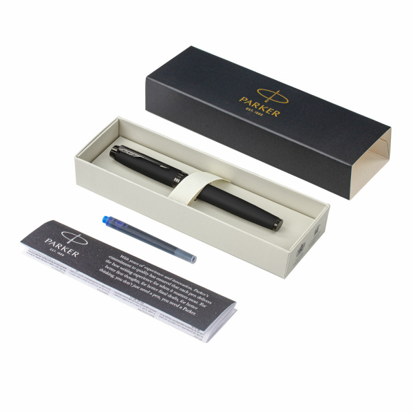 Ручка перьевая PARKER "IM Achromatic Black BT", черный матовый, нержавеющая сталь, синяя, 2127741 - Ручки перьевые подарочные