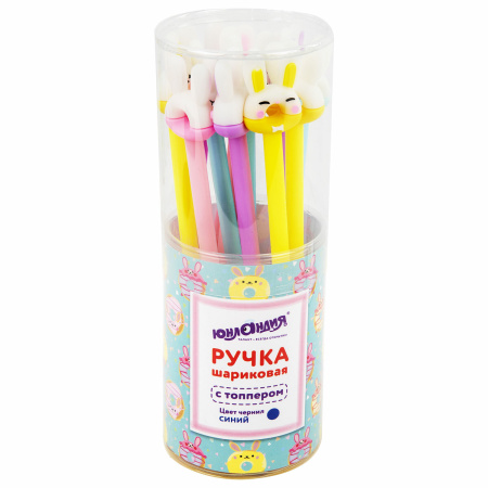 Ручка с топпером шариковая ЮНЛАНДИЯ "Зайка-пончик", корпус ассорти, СИНЯЯ, пишущий узел 0,7 мм, 143802 - Ручки фигурные