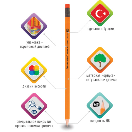 Карандаш чернографитный BRAUBERG "PREMIUM TURKEY", 1 шт., "Ultra GT", НВ, ассорти, дисплей, 181557 - Карандаши чернографитные