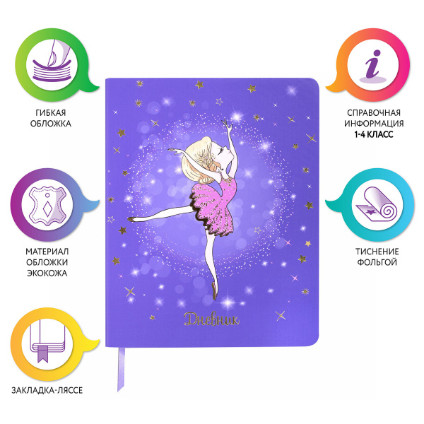 Дневник 1-4 класс 48 л., кожзам (гибкая), печать, фольга, ЮНЛАНДИЯ, "Балерина", 106161 - Дневники для младших классов