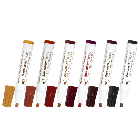 Маркеры для ремонта мебели и изделий из дерева, 6 ЦВЕТОВ, BRAUBERG WOOD, 152203 - Маркеры и воск для реставрации мебели