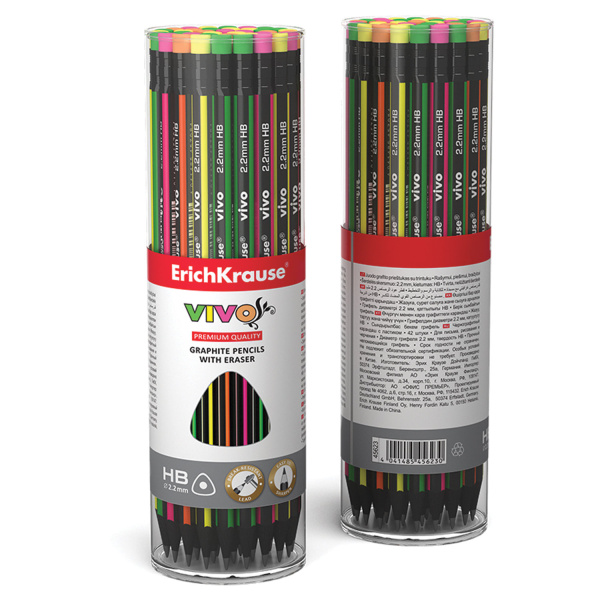 Карандаш чернографитный ERICH KRAUSE, 1шт., "Vivo", HB, черное дерево, с ластиком, корпус ассорти, заточенный, 45623 - Карандаши чернографитные