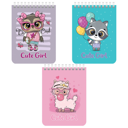 Блокнот МАЛЫЙ ФОРМАТ А6 108х145 мм, 40 л., гребень, картон, клетка, BRAUBERG KIDS, "Зверята", 114395 - Блокноты