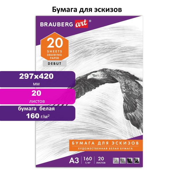 Папка для рисования БОЛЬШОГО ФОРМАТА А3, 20 л., 160 г/м2, BRAUBERG, 297х420 мм, "Орел", 125228 - Альбомы, скетчбуки и бумага для графики и эскизов