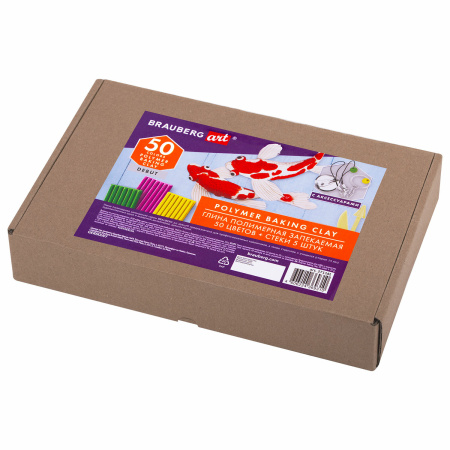 Глина полимерная запекаемая, НАБОР 50 цветов по 20 г, с аксессуарами, в гофрокоробе, BRAUBERG, 271161 - Глина полимерная