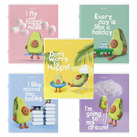 Тетради КОМПЛЕКТ 5 шт., А5, 48 л., BRAUBERG скоба, клетка, глянцевый лак, "Плюшевые Авокадо", 404392 - Тетради 40-48 листов