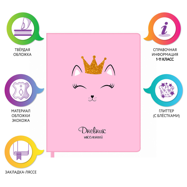 Дневник 1-11 класс 48 л., кожзам (твердая), печать, глиттер, ЮНЛАНДИЯ, "КОШЕЧКА", 105940 - Дневники универсальные