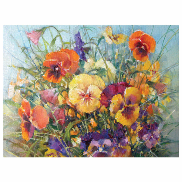 Картина стразами (алмазная мозаика) 30х40 см, ОСТРОВ СОКРОВИЩ "Букет с анютками", без подрамника, 662574 - Алмазная вышивка