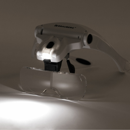 Лупа налобная с LED-ПОДСВЕТКОЙ, 5 сменных линз 95х33 мм, увеличение 1,0 - 3,5, BRAUBERG, 455929 - Лупы