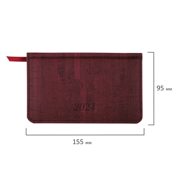 Еженедельник датированный 2024 МАЛЫЙ ФОРМАТ А6 95х155 мм, BRAUBERG "Wood", под кожу, бордовый, 115051 - Еженедельники