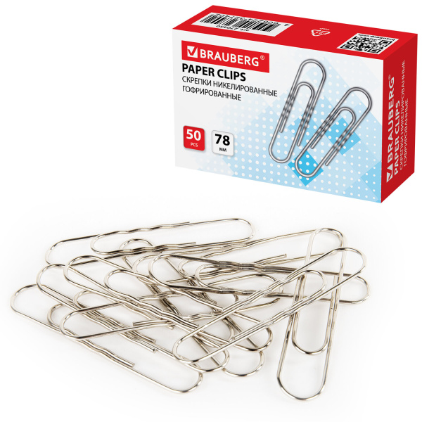 Скрепки большие 78 мм, BRAUBERG, никелированные, гофрированные, 50 шт., в картонной коробке, 270450 - Скрепки канцелярские