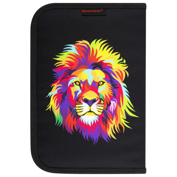 Пенал BRAUBERG с наполнением, 1 отделение, 1 откидная планка, 24 предмета, 21х14 см, "Colorful lion", 270725 - Пеналы с наполнением