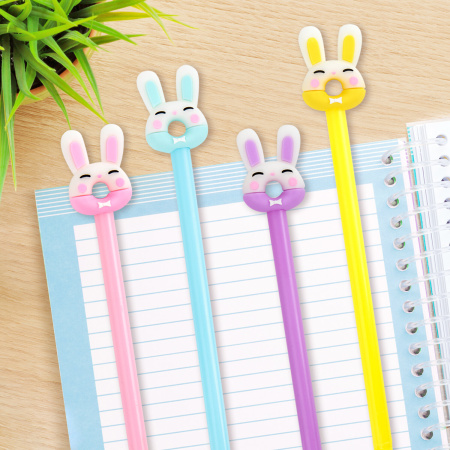 Ручка с топпером шариковая ЮНЛАНДИЯ "Зайка-пончик", корпус ассорти, СИНЯЯ, пишущий узел 0,7 мм, 143802 - Ручки фигурные