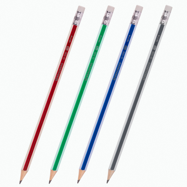 Набор карандашей чернографитных BRAUBERG "G-100" 12 шт., HB, с ластиком, корпус ассорти, 181716 - Карандаши чернографитные