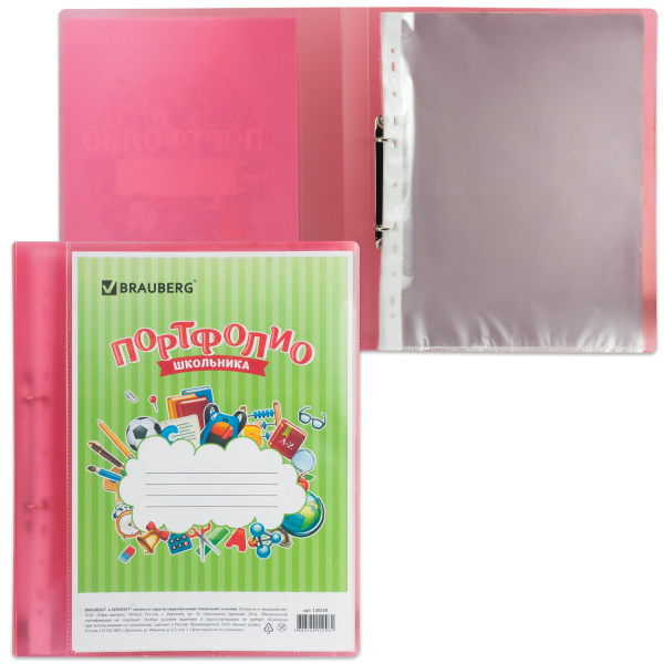 Папка для портфолио школьника, 2 кольца, 20 файлов, пластик полупрозрачный, красная, BRAUBERG, 126558 - Портфолио