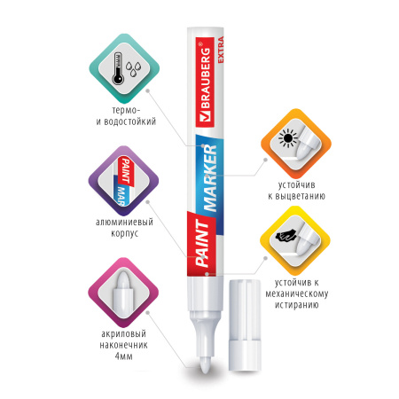 Маркер-краска лаковый EXTRA (paint marker) 4 мм, БЕЛЫЙ, УСИЛЕННАЯ НИТРО-ОСНОВА, BRAUBERG, 151978 - Маркеры-краски лаковые
