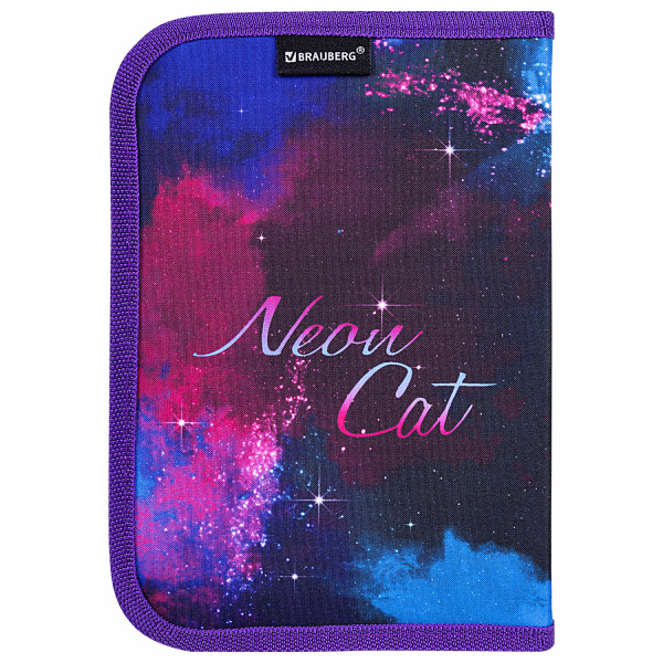 Пенал BRAUBERG с наполнением, 1 отделение, 1 откидная планка, 24 предмета, 21х14 см, "Neon cat", 271523 - Пеналы с наполнением