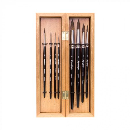 Набор №9 Roubloff 8 кистей из белки короткая черная матовая ручка буковый пенал