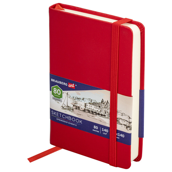 Скетчбук, слоновая кость 140 г/м2 90х140 мм, 80 л., КОЖЗАМ, резинка, BRAUBERG ART CLASSIC, красный, 113187 - Альбомы, скетчбуки и бумага для графики и эскизов
