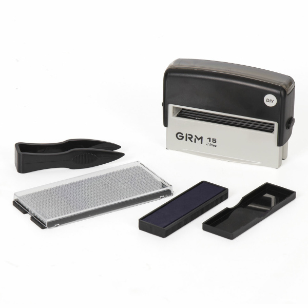 Штамп самонаборный 2-строчный, оттиск 69х10 мм, синий без рамки, GRM 15, КАССА В КОМПЛЕКТЕ, 116000090 - Штампы прямоугольные самонаборные