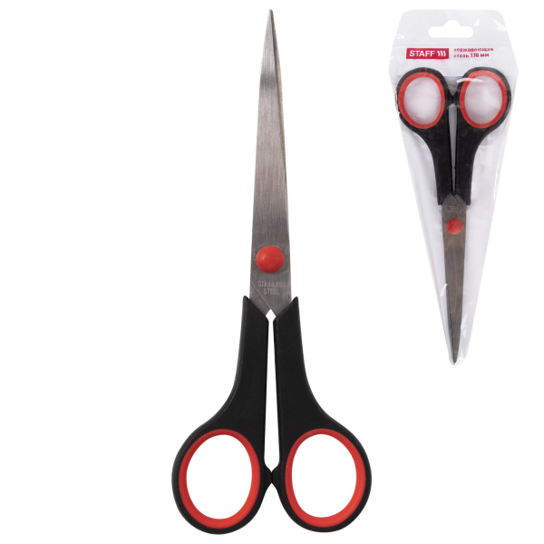 Ножницы STAFF EVERYDAY, 170 мм, бюджет, резиновые вставки, черно-красные, ПВХ чехол, 237498 - Ножницы универсальные