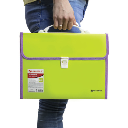 Папка-портфель пластиковая BRAUBERG "JOY", А4 (330х245х35 мм), 13 отделений, с окантовкой, салатовая, 227974 - Портфели пластиковые