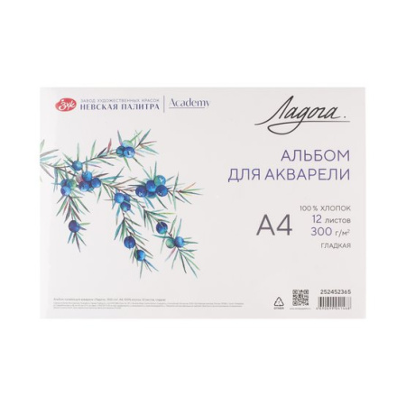 Альбом-склейка для акварели "Ладога", 300 г/м2, А4, 100% хлопок, 12 листов, гладкая