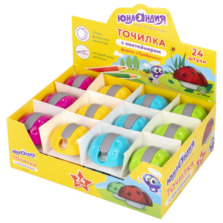 Точилка ЮНЛАНДИЯ "Грибочек", с контейнером, пластиковая, корпус ассорти, 228460 - Точилки ручные