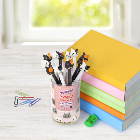 Ручка с топпером шариковая ЮНЛАНДИЯ "Кошка", корпус ассорти, СИНЯЯ, пишущий узел 0,7 мм, 143804 - Ручки фигурные